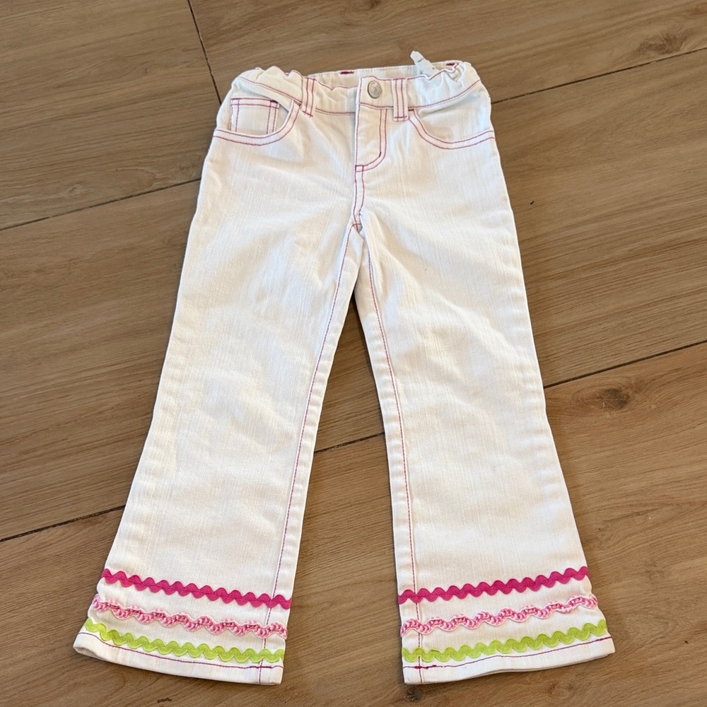 Vintage Lilly Pulitzer Girls‎ White Ric-Rac Trim Flare Jeans Pink Stitching Sz 4